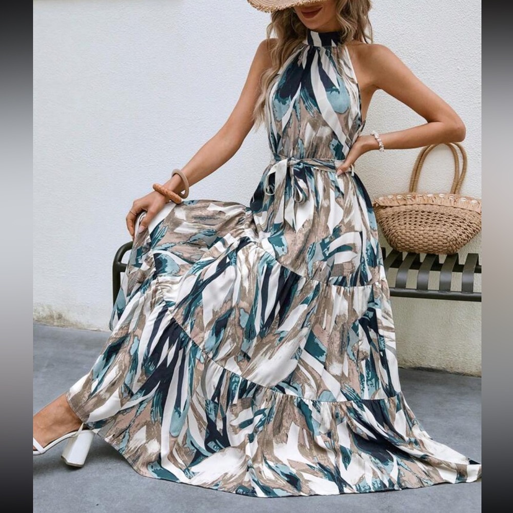 Boho geo print better halter maxi dress